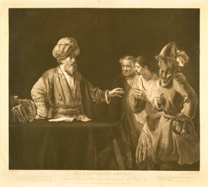 Der römische Zenturio Cornelius befiehlt seinen Dienern, nach Joppa zu gehen, um den Apostel Petrus zu bitten, ihn in Caeserea zu besuchen, graviert von James Ward (1769-1859) 1800 (braune und weiße Gravur)